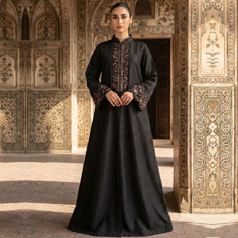 Midnight Noir: Hand-Embellished Kattan Silk Zip-Front Ensemble