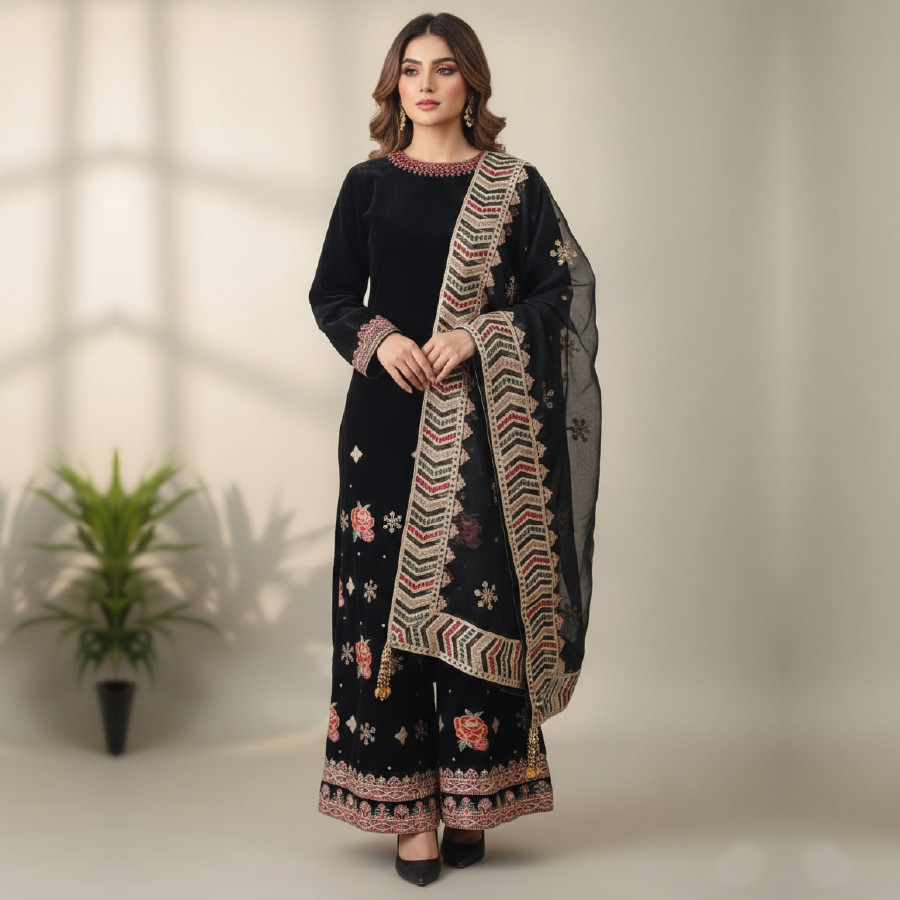 Elegant 3-Piece Velvet Embroidered Suit – Medium