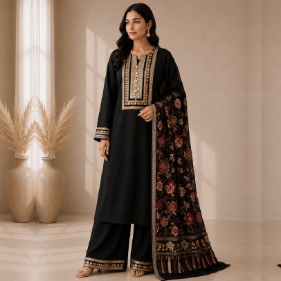 Women's 3 Piece Pashmina Suit with Embroidered Shawl