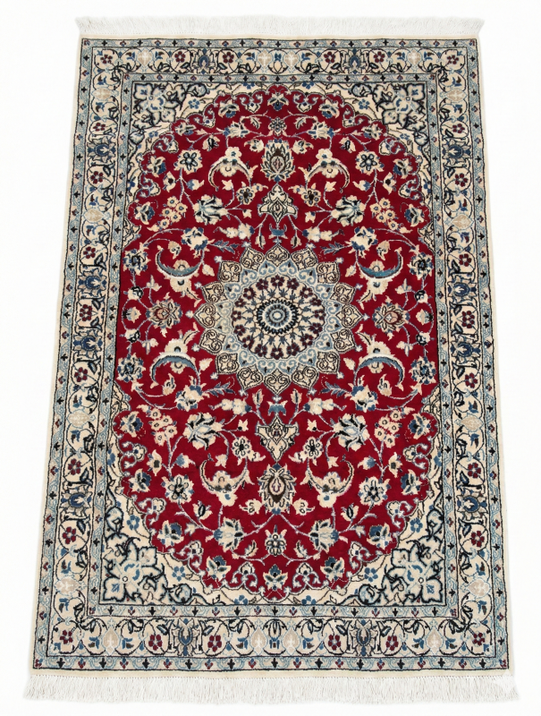 Handmade Persian Nian Silk & Wool Rug – Red & Ivory Floral Design (6×4 ft)