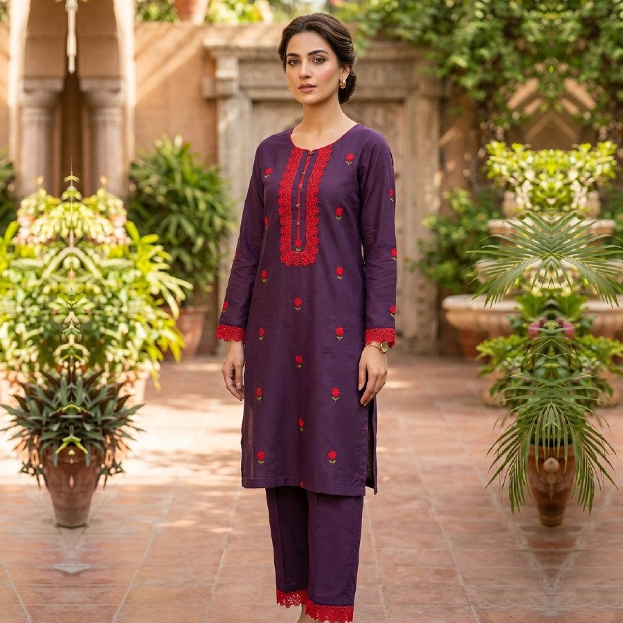 2 Piece Embroidered Lawn Cotton Suit – Semi Formal