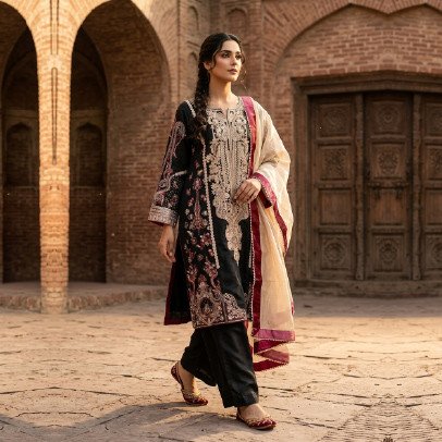 Elegant Silk Embroidered 3 Piece Suit with Organza Dupatta
