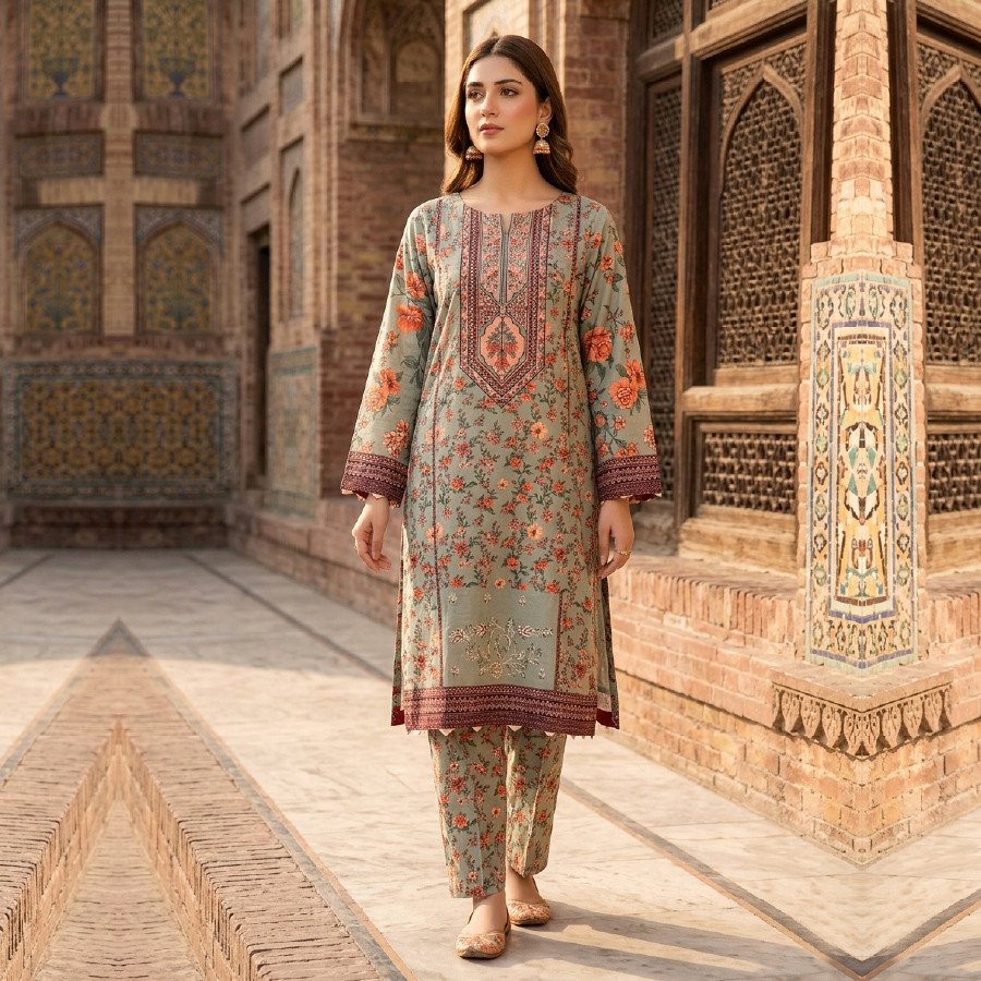Elegant 3-Piece Embroidered Lawn Cotton Suit (M/L)