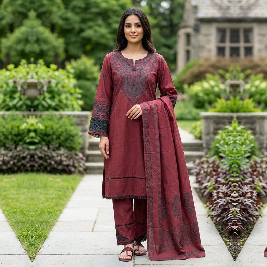 3 Piece Embroidered Lawn Cotton Suit (M/L)