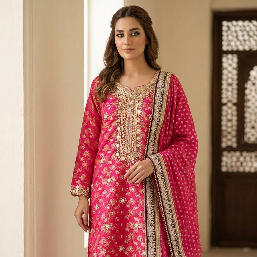 Elegant Banarsi 3-Piece Suit with Heavy Gotta & Beads Work