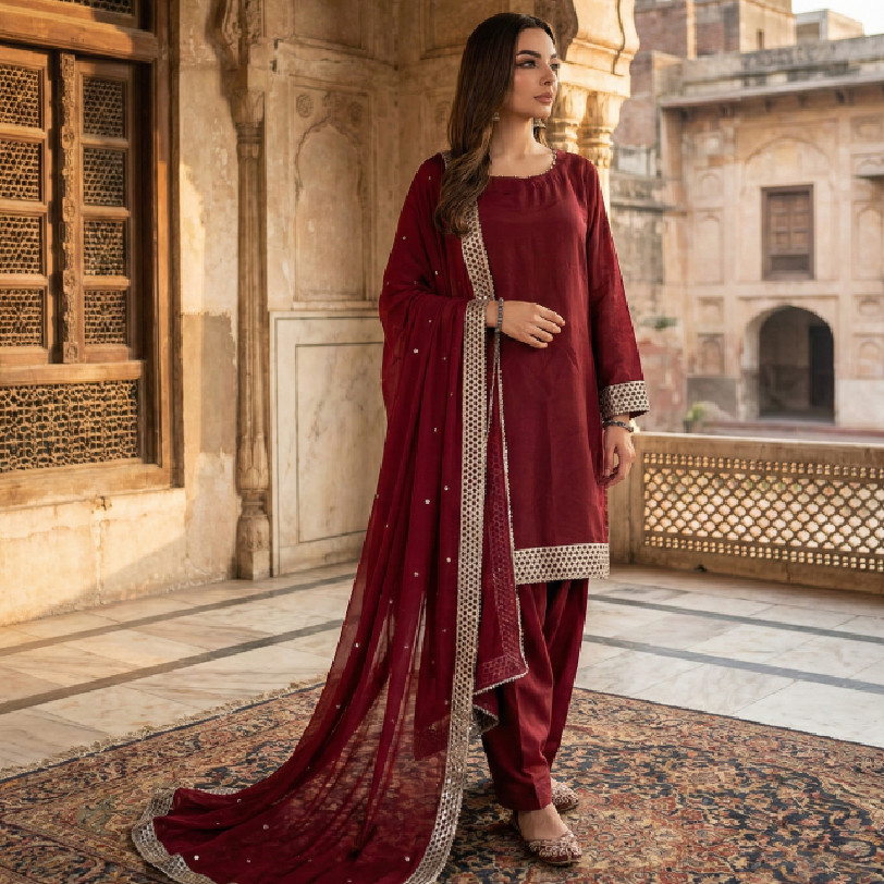 Deep Maroon Kattan Silk Farshi Ensemble with Gota Artistry