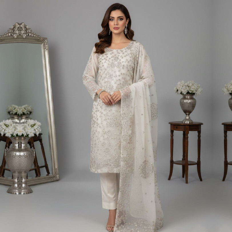 Elegant Handmade Gotta Work Chiffon Suit – Silk Lining (Large)