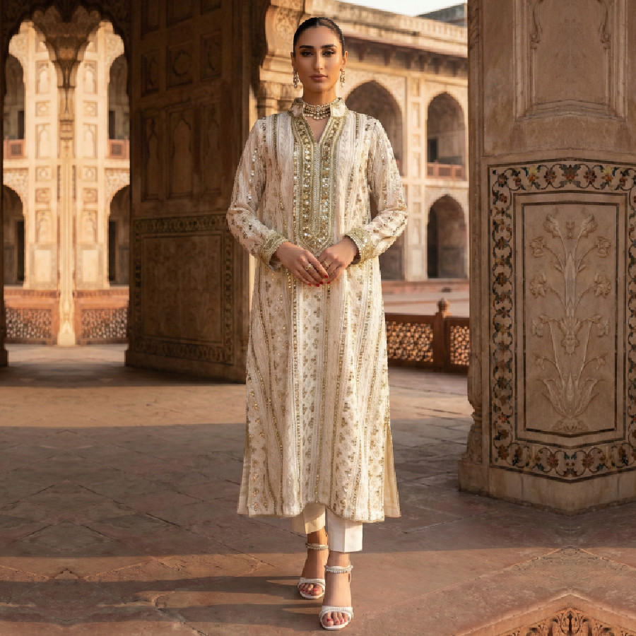 Exquisite 3-Piece Off-White Hand-Embellished Festive Suit