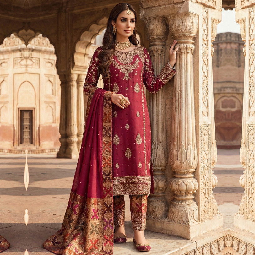 Silk Shirt with Khadi Work Dupatta & Kimkhab Pants