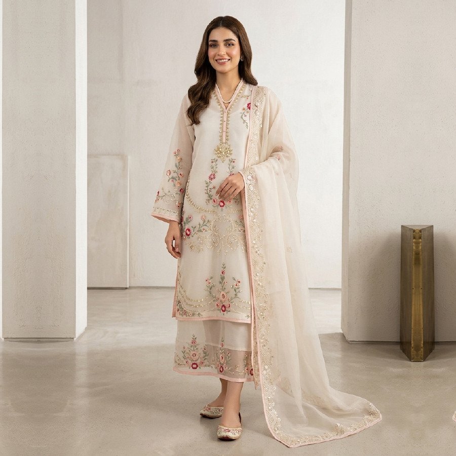 Luxury 4 Piece Organza Embroidered Suit with Sequins Work