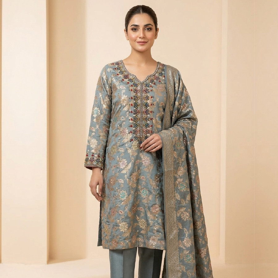 Luxury Banarsi Kora Dapka Embroidered 3-Piece Suit – Medium