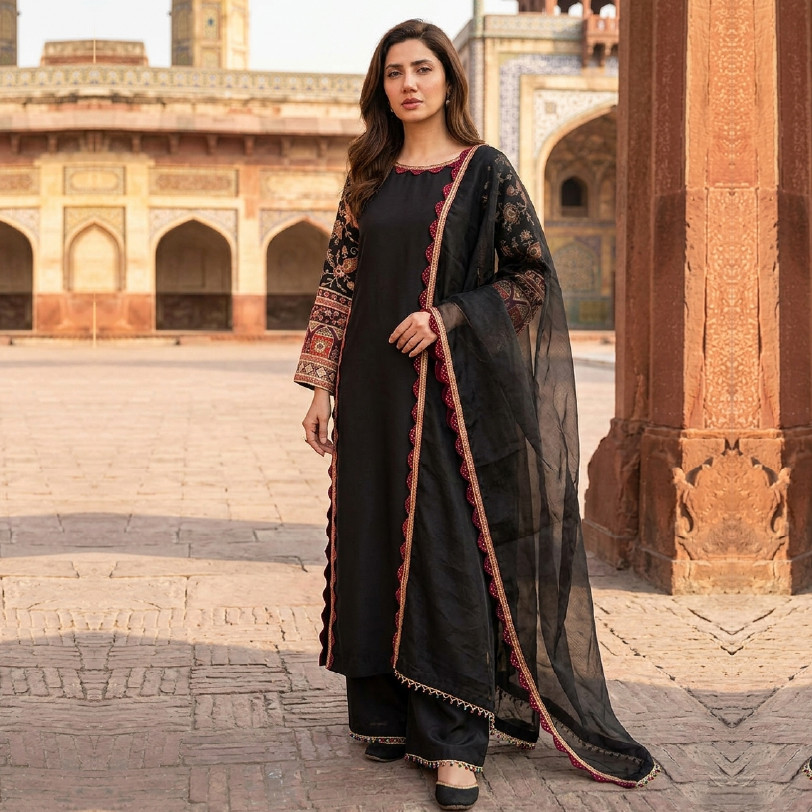 Elegant Silk 3-Piece Suit with Tissue Dupatta – Indian Work Sleeves
