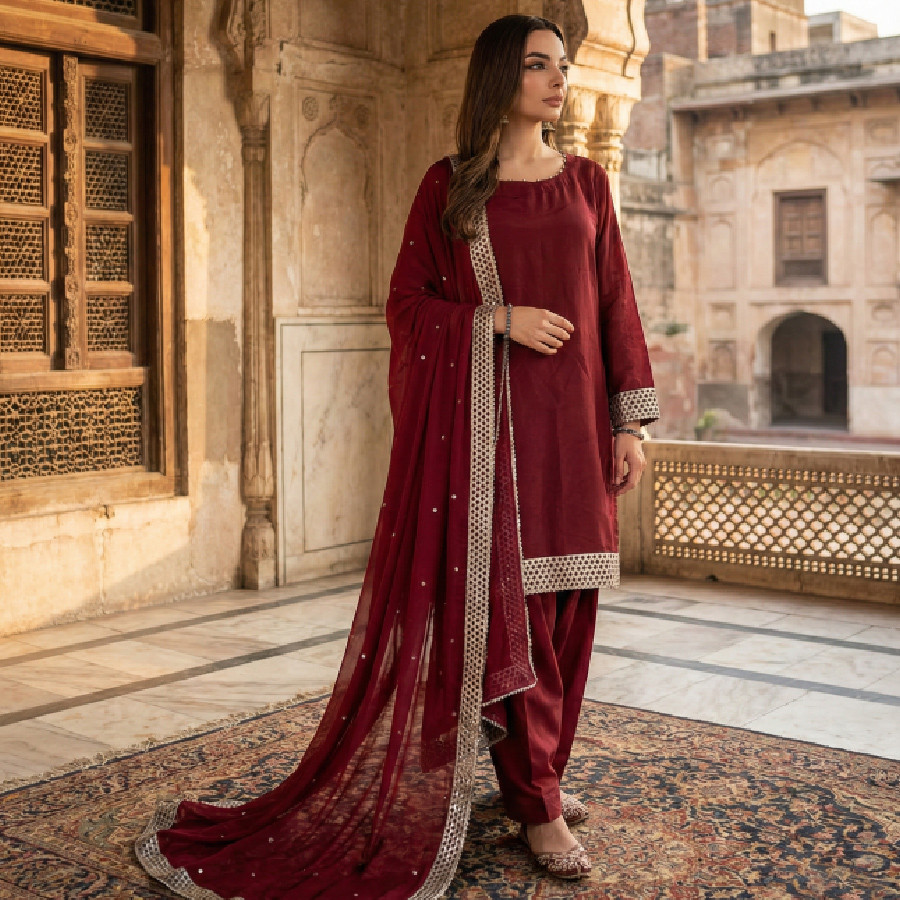 Deep Maroon Kattan Silk Farshi Ensemble with Gota Artistry