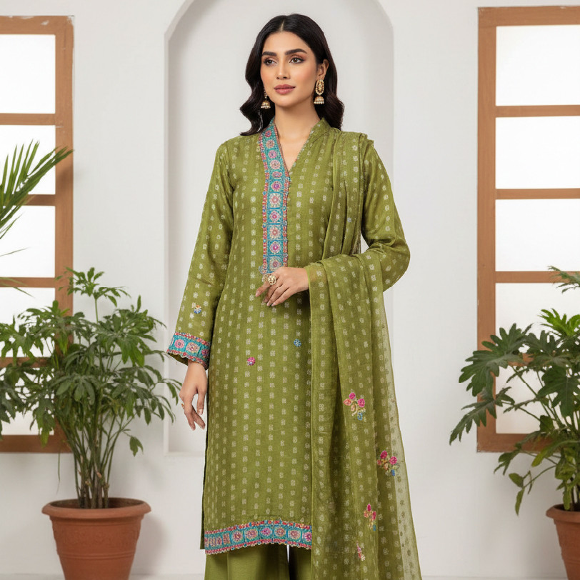 Elegant 3-Piece Crape Silk & Banarasi Ensemble – Medium