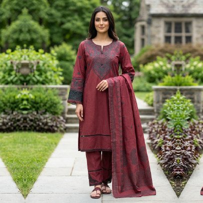 3 Piece Embroidered Lawn Cotton Suit (M/L)