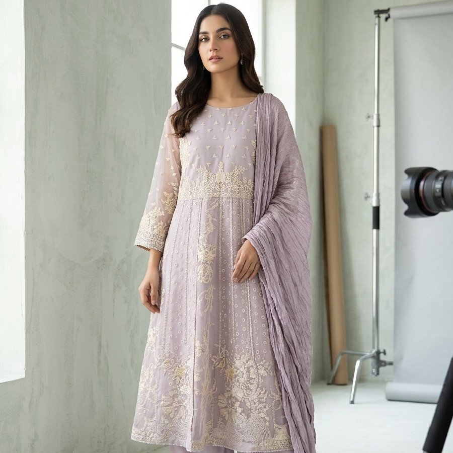 Lilac Organza Embroidered Suit with Silk Plazo