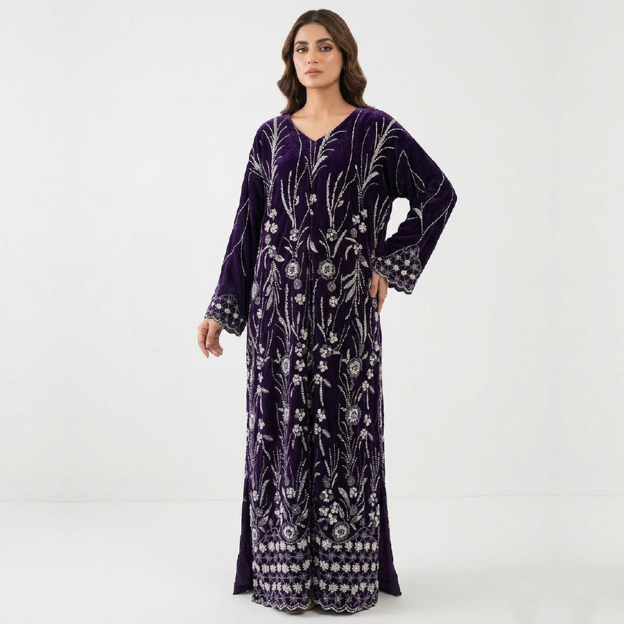Luxury Velvet Kaftan with Dana Work – Heavy Border & Sleeves