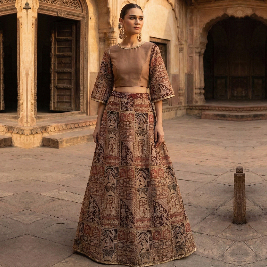 Criptosilk Indian Work Lehenga Set with Tissue Dupatta & Sheesha Silk Shirt