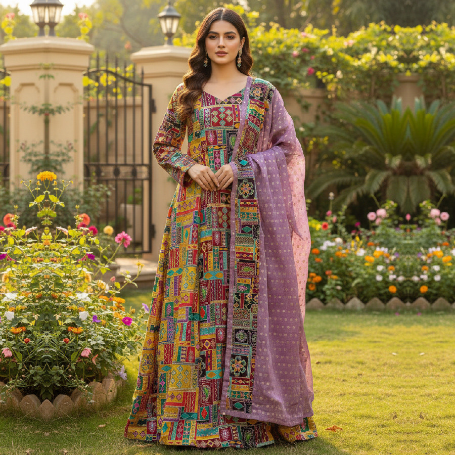 Luxury Crispo Silk Outfit with Banarsi Chiffon Dupatta – Free Size