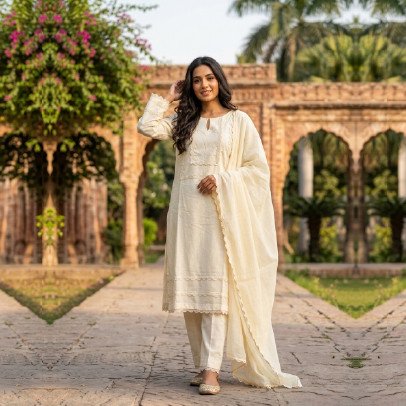 3 Piece Branded Lawn Cotton Embroidered Suit (M/L)