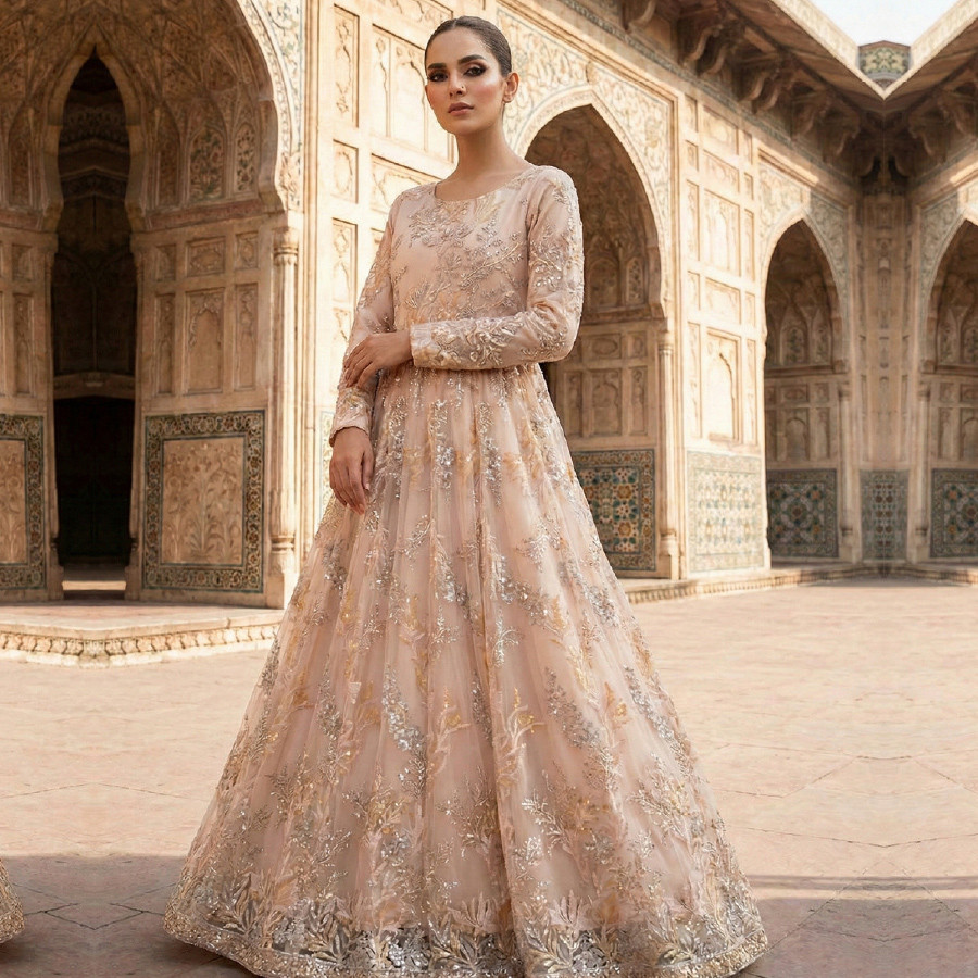 Net Embroidered Shirt with Dupatta & Silk Pants