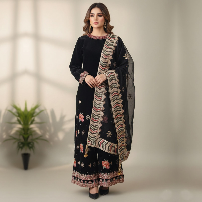 Elegant 3-Piece Velvet Embroidered Suit – Medium