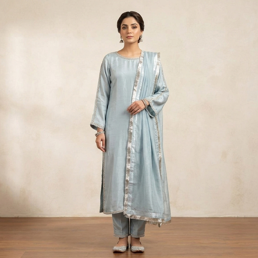 Elegant Korean Silk 3-Piece Suit with Silver Beads Work