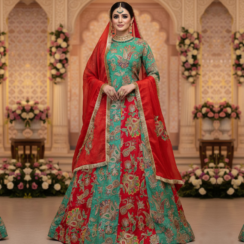 Elegant 3-Piece Fish Fit Langa Set with Tissue Dupatta – Medium