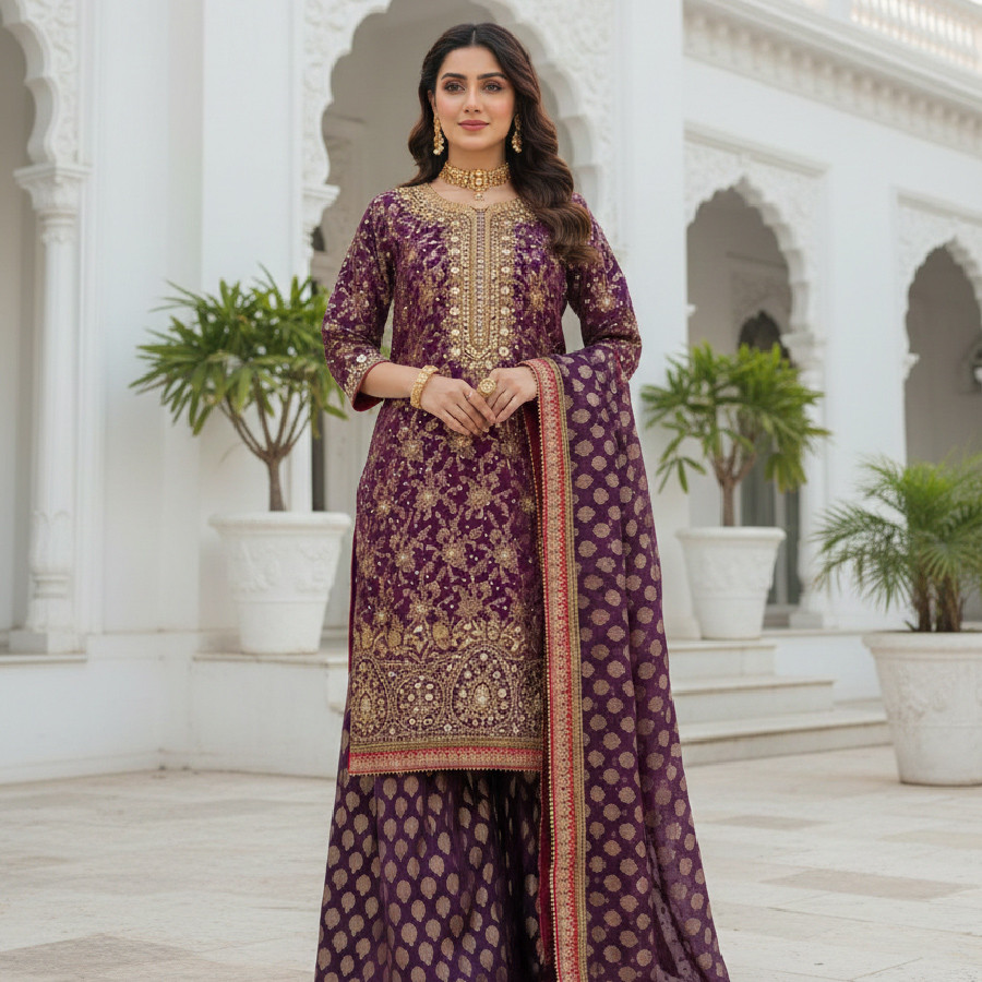 Elegant 3-Piece Banarasi Suit with Khadi & Gotta Work