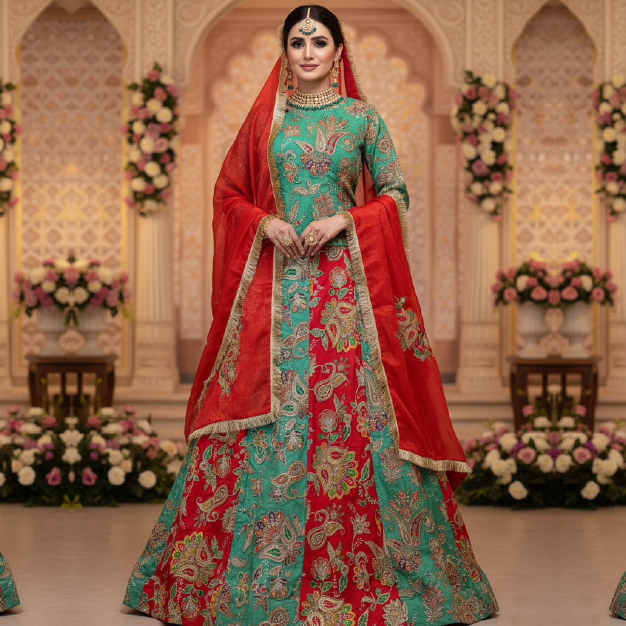 Elegant 3-Piece Fish Fit Langa Set with Tissue Dupatta – Medium