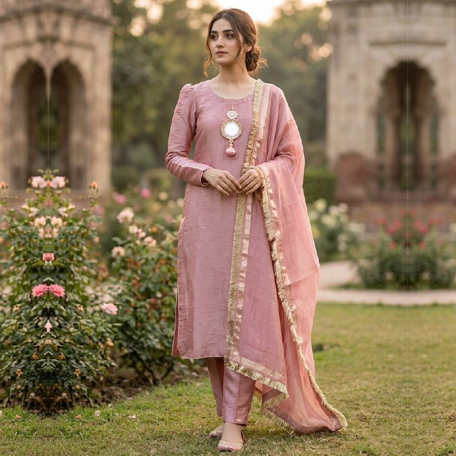Elegant Korean Silk 3-Piece Suit with Mirror Neck & Silk Dupatta