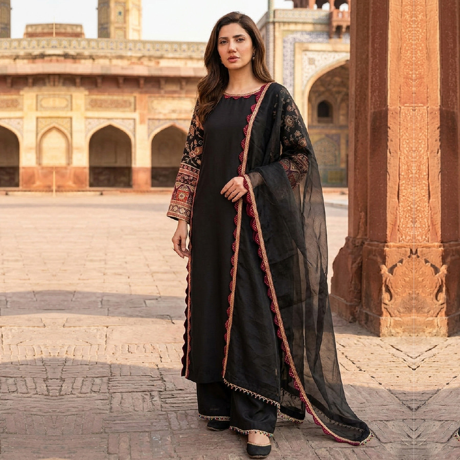 Elegant Silk 3-Piece Suit with Tissue Dupatta – Indian Work Sleeves