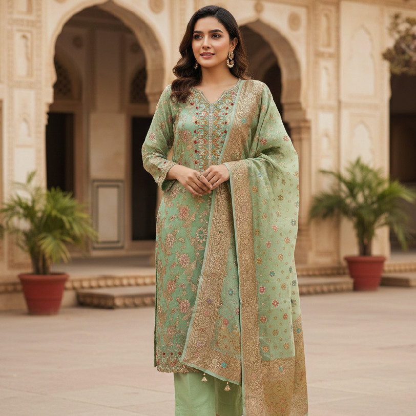 Elegant 3-Piece Banarasi Suit with Khadi & Gotta Work – Medium