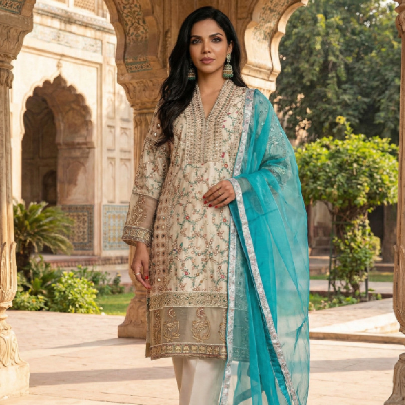 Elegant Hand-Embellished Raw Silk 2-Piece Set