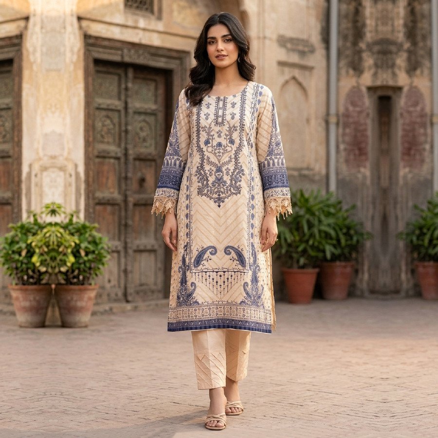 Elegant 3 Piece Embroidered Lawn Cotton Suit (M/L)