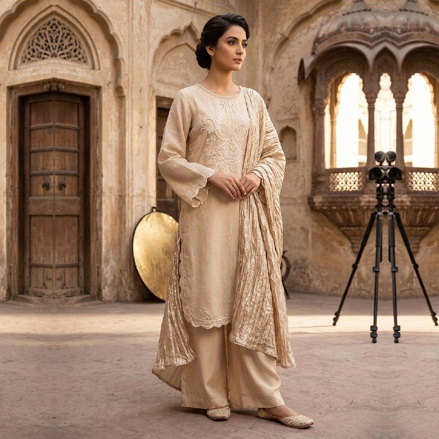 Embroidered Linen 3PC Set with Chiffon Dupatta