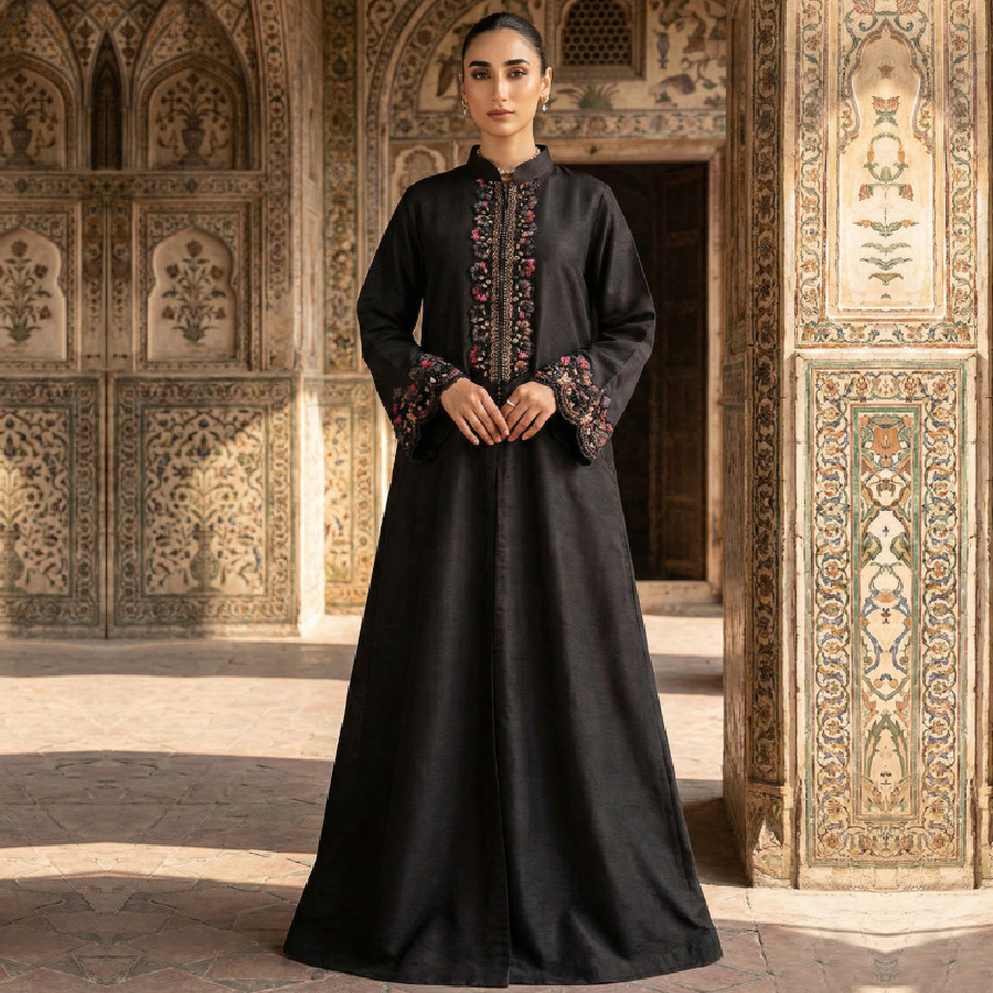 Midnight Noir: Hand-Embellished Kattan Silk Zip-Front Ensemble