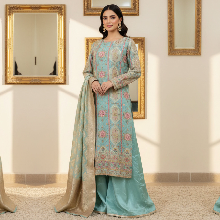 Elegant 3-Piece Crape Silk Suit with Banarsi Dupatta – Medium