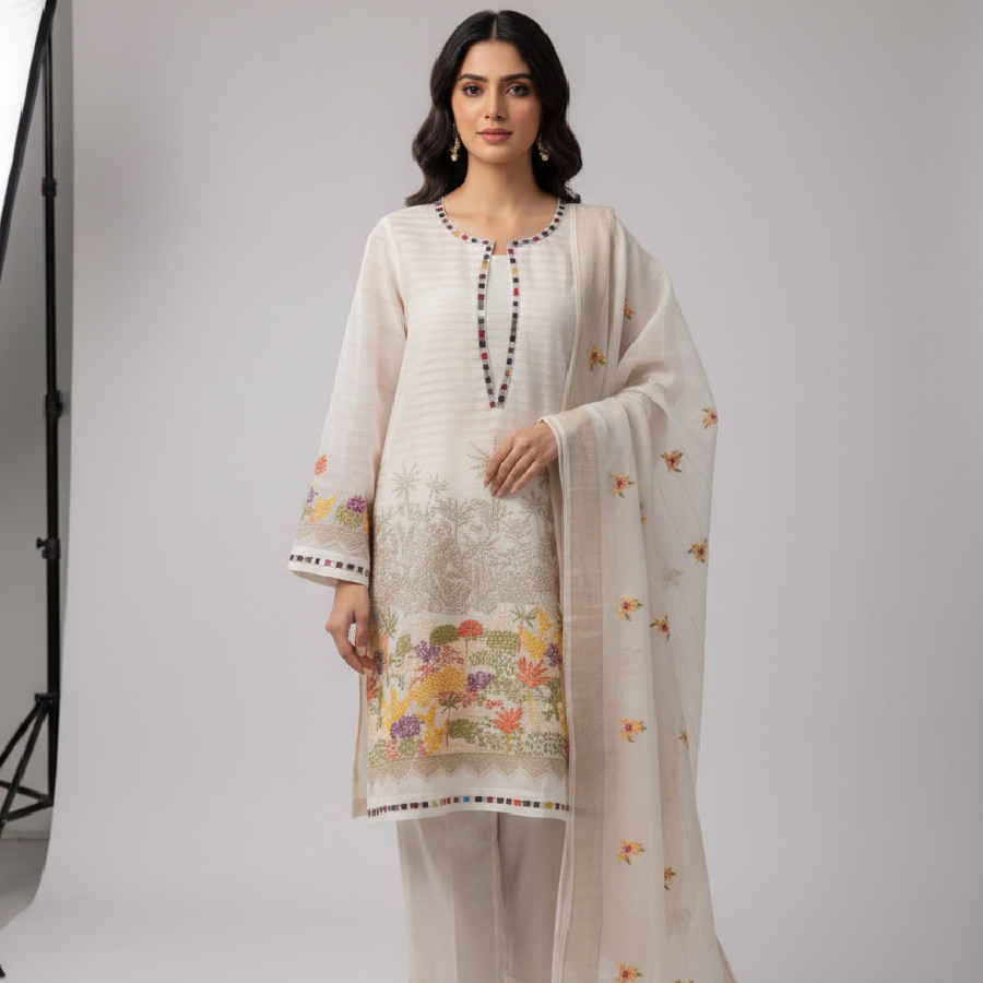 Khadi Silk Multicolor Embroidered 3-Piece Suit with Velvet Silk Lining