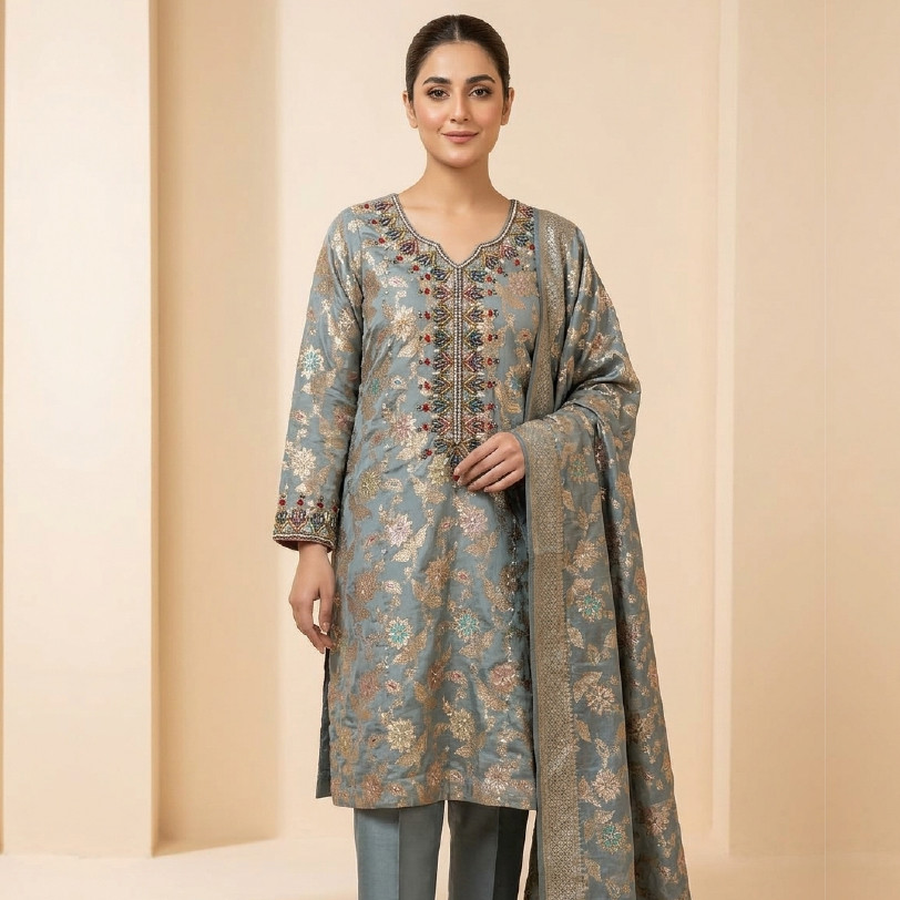 Luxury Banarsi Kora Dapka Embroidered 3-Piece Suit – Medium