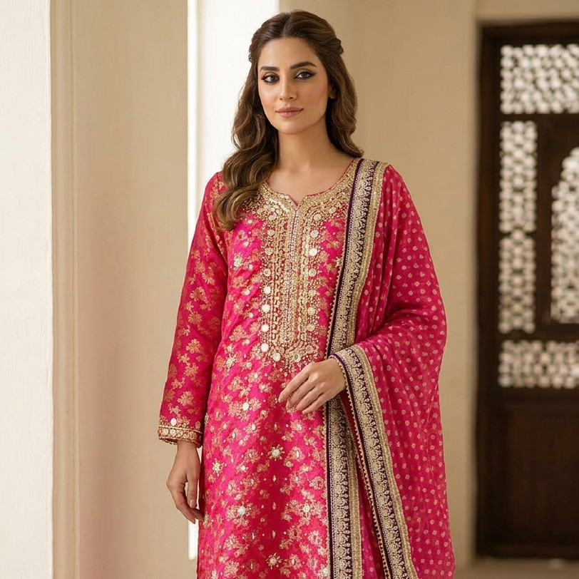 Elegant Banarsi 3-Piece Suit with Heavy Gotta & Beads Work