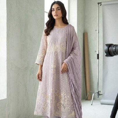 Lilac Organza Embroidered Suit with Silk Plazo