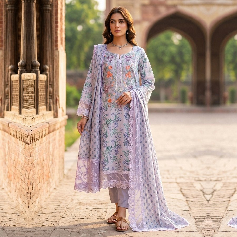3 Piece Embroidered Lawn Cotton Suit – M/L