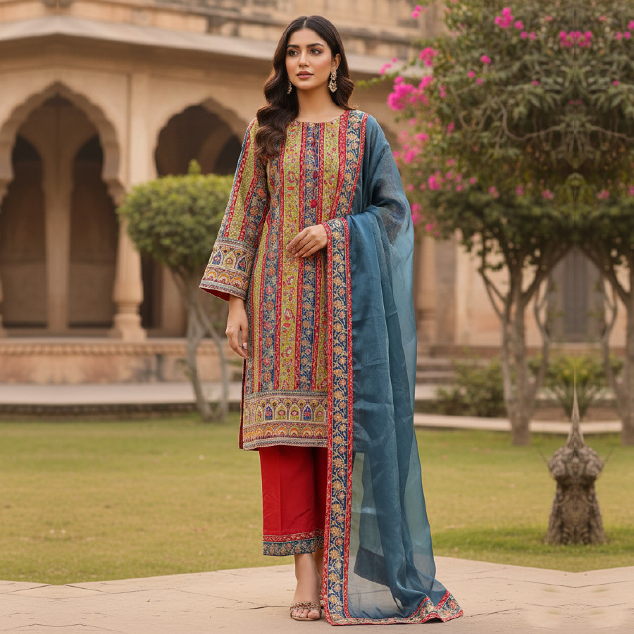 Elegant Medium Crape Silk Shirt Set with Silk Trousers & Tissue Dupatta