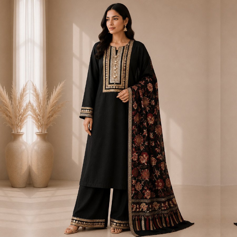 Women's 3 Piece Pashmina Suit with Embroidered Shawl