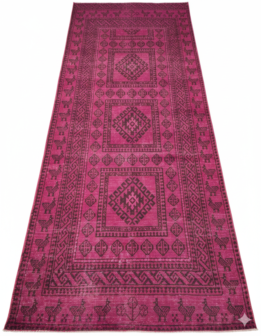 Handmade Vintage Persian Kerman Runner – 3.6 x 8.9 ft | Geometric Magenta Wool Rug
