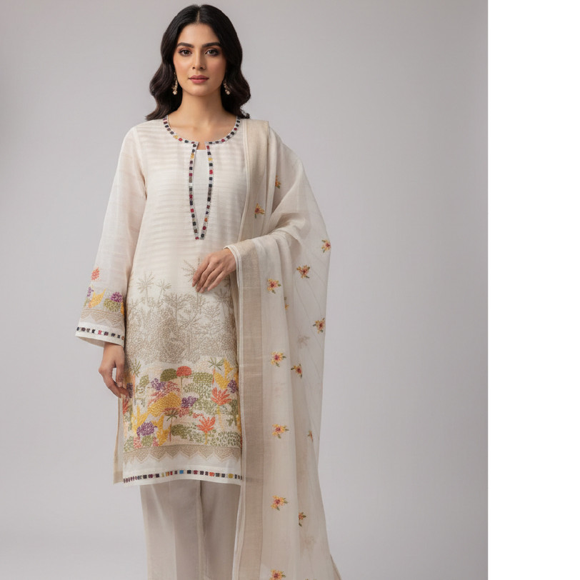 Khadi Silk Multicolor Embroidered 3-Piece Suit with Velvet Silk Lining