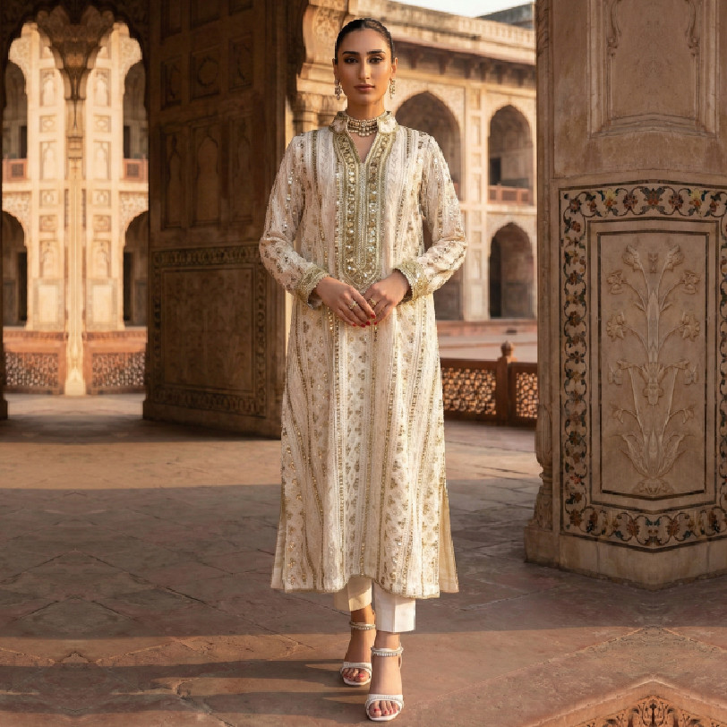 Exquisite 3-Piece Off-White Hand-Embellished Festive Suit