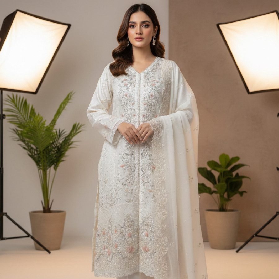 Luxury Khadi Silk Embroidered Suit with Velvet Lining & Dupatta